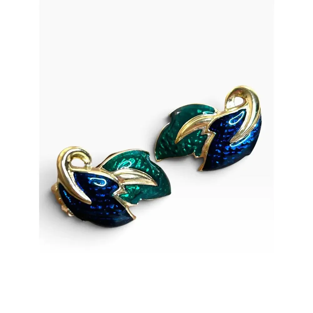 Vtg Retro Peacock Blue Emerald Green Enamel Leafy Gold Tone Clip On Earrings